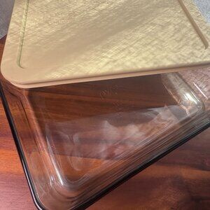 Vintage Pyrex #7210 Rectangular Smoke Glass Storage Container with Yellow Lid